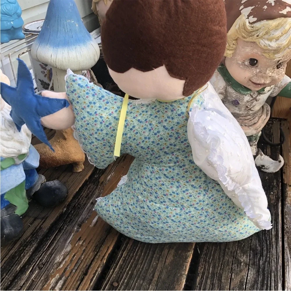 Christmas Angel Handmade Pillow Blue Green Pink Floral Eyelet Vintage 70s 80s